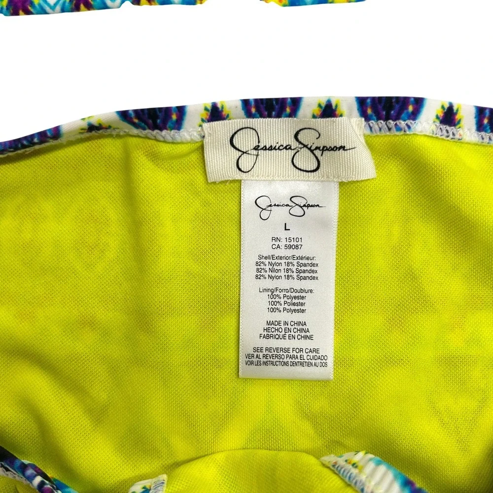 Jessica Simpson Tankini Swimsuit Set L Blue Tribal‎ Print Bandeau Boho Resort